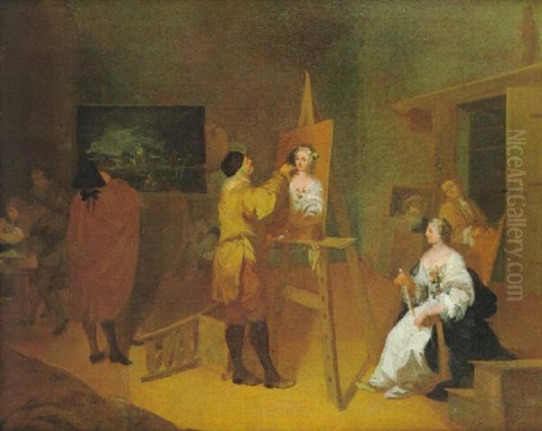 Blick In Das Atelier Eines Malers Mit Dem Kunstler, Der Eine Dame Portratiert - view 1