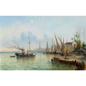 Hafenmole Mit Segelbooten Und Dampfschiff by Victor Philippe Flipsen