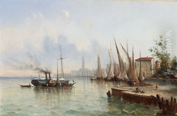 Hafenmole Mit Vor Anker Liegenden Segelbooten Und Ankommendem Dampfschiff - view 1