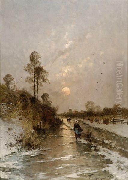 Winterliche Fluslandschaft Mit Landvolk Und Dorfansicht - view 1