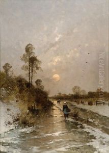 Winterliche Fluslandschaft Mit Landvolk Und Dorfansicht by Heinz Flockenhaus