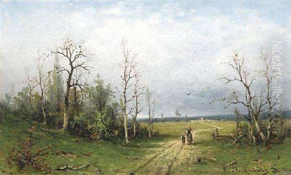 Gewitterstimmung Uber Weiter Niederrheinlandschaft. Im Vordergrund Bauerin Mit Ihrem Kind Auf Einem Weg - view 1