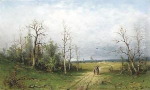 Gewitterstimmung Uber Weiter Niederrheinlandschaft. Im Vordergrund Bauerin Mit Ihrem Kind Auf Einem Weg by Heinz Flockenhaus