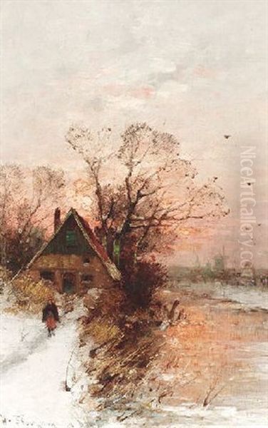 Winterlandschaft Mit Bauernkate An Einem Fluslauf Im Abendrot - view 1