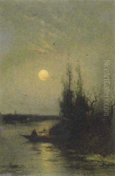 Fluslandschaft Mit Angler Bei Aufgehendem Mond - view 1