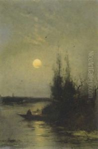Fluslandschaft Mit Angler Bei Aufgehendem Mond Fluslandschaft Mit Angler Bei Aufgehendem Mond