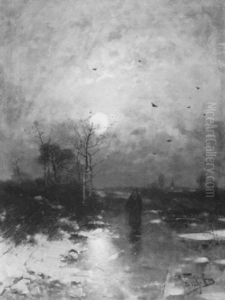 Mondnacht An Einem Zugefrorenen Kanal Am Niederrhein by Heinz Flockenhaus