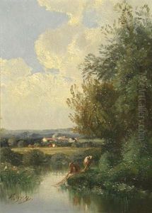 Fishermen By The Riverbank by Eugene Victor de Flogny