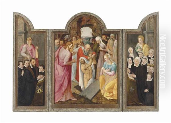 A Triptych: Central Panel: The Raising Of Lazarus; The Wings: On The Left, A Male Donor, Kneeling, With His Sons, Presented By Saint Jacob; And On The Right, The Donor"s Wife, Kneeling, With Her Daughters, Presented By Saint Catherine - view 1