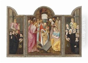 A Triptych: Central Panel: The Raising Of Lazarus; The Wings: On The Left, A Male Donor, Kneeling, With His Sons, Presented By Saint Jacob; And On The Right, The Donor"s Wife, Kneeling, With Her Daughters, Presented By Saint Catherine by Frans Floris