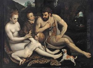 Adam And Eve With Their Children Cain And Abel, The Scene Of The Expulsion From The Garden Of Eden Beyond by Frans Floris