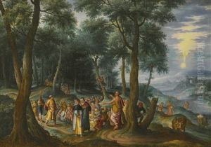 St John The Baptist Preaching With The Baptism Of Christ Beyond by Frans Floris