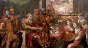 Esther Devant Assuerus; A L'arriere Plan L'execution Du Ministre Aman by Frans Floris