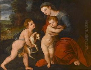 The Madonna And Child With An Infant Offering A Dog, Saint Joseph Before A House In A Landscape Beyond The Madonna And Child With An Infant Offering A Dog, Saint Joseph Before A House In A Landscape Beyond
