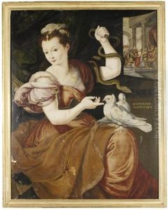 An Allegory Of Innocence Or Prudence With A Woman Holding Two Serpents And Two Doves On Her Knee, With Christ Before Pilate Beyond