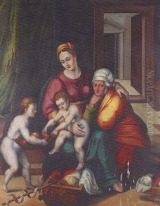 La Vierge, L'enfant, Sainte Elisabeth Et Le Jeune Saint Jean Dans Un Interieur by Frans Floris