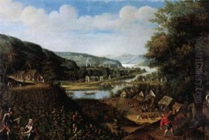 Flusslandschaft Mit Weinernte Und Schweinemast by Frans Floris
