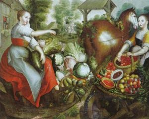 Marktszene Mit Einer Obst- Und Einer Gemuseverkauferin