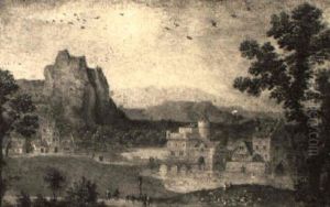 A View Of A Castle By A Lake With Shepherds An Sheep In A Meadow by Frans Floris