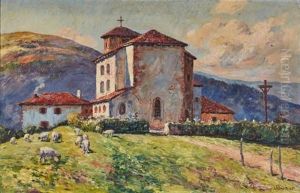 Moutons Devant L'eglise De Biriatou by Louis Floutier