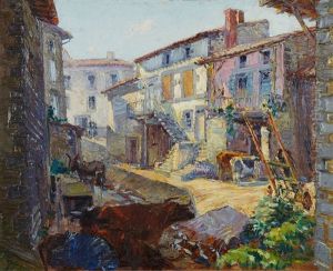 Retour Au Village (ou Cour De Ferme Animee Avec Ane Et Boeuf) by Louis Floutier