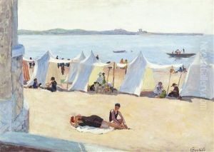 La Grande Plage De Saint-jean-de-luz (cote Basque) Avec Le Fort De Socoa Au Fond by Louis Floutier