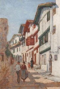 A Street Scene With Figures Before Timber Framed Houses