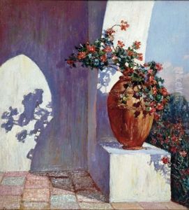 Patio With Large Vase (magazine Cover Illus. For January 1931 Issue Of House And Garden) by Louis Floutier