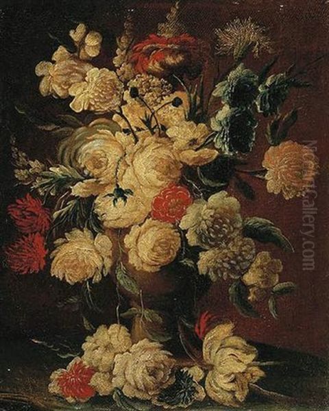 Roses, Peonies And Other Flowers In A Vase On A Ledge - view 1