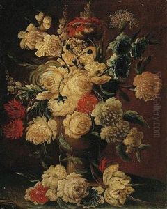 Roses, Peonies And Other Flowers In A Vase On A Ledge by Johann Limpert Flur
