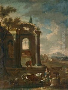 Architekturcapriccio Mit Reicher Personen- Und Tierstaffage (+ Another; Pair)