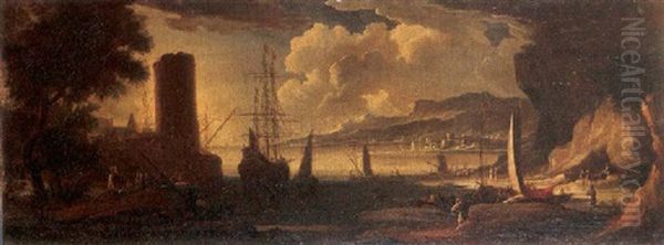 A Port Scene With Sailing Ships And Other Vessels Off A Rocky Coast, Fishermen Returning From A Trip, Another Port And Mountain Beyond - view 1