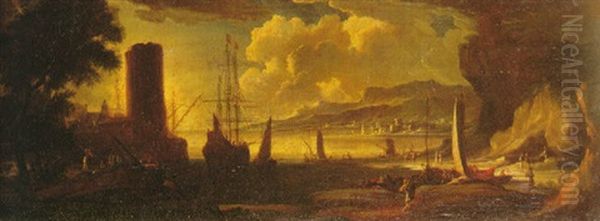 A Port Scene With Sailing Ships And Other Vessels Off A Rocky Coast, Fisherman Returning From A Trip, Another Port And Mountains Beyond - view 1