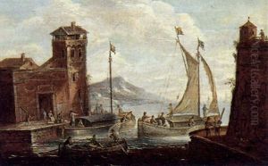 Sudlicher Seehafen Mit Booten Und Figuren by Ignaz Franz Josef Flurer