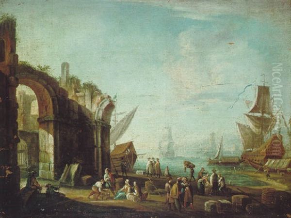 Sudlicher Hafen Mit Antiken Ruinen, Einem Dreimaster Und Vielen Figuren - view 1
