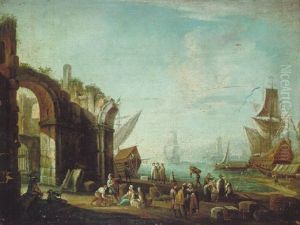 Sudlicher Hafen Mit Antiken Ruinen, Einem Dreimaster Und Vielen Figuren