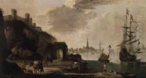 Eine Befestigte Hafenstadt Mit Schiffen Und Figuren by Ignaz Franz Josef Flurer