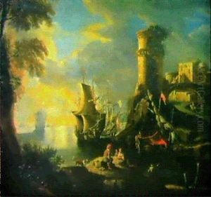 Ein Sudlicher Hafen Mit Schiffen Unter Der Osterreichischen Flagge by Ignaz Franz Josef Flurer
