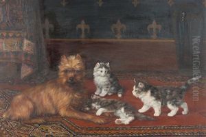 Foxterrier Mit Drei Jungen Katzchen by Burkhard Flury