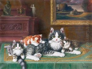 Interieur Mit Katzenmutter Und Drei Jungen by Burkhard Flury