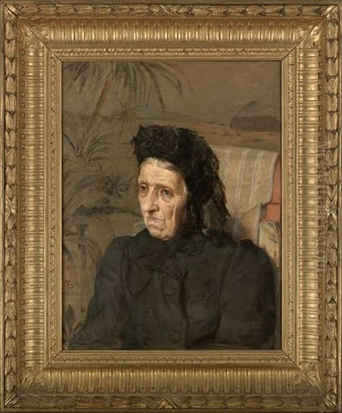 Portrait Of An Elderly Woman Dressed In Black Seated Near Palm Trees - view 1