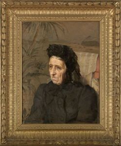Portrait Of An Elderly Woman Dressed In Black Seated Near Palm Trees