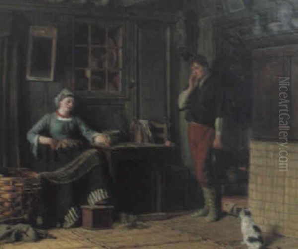 Interior Med Natbindande Kvinna, Man Och Katt - view 1