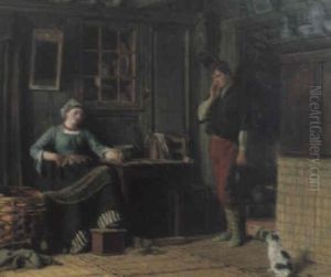 Interior Med Natbindande Kvinna, Man Och Katt Interior Med Natbindande Kvinna, Man Och Katt