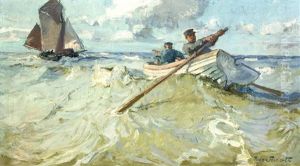 Fischerboot Und Segelboot In Der Brandung by Poppe Folkerts