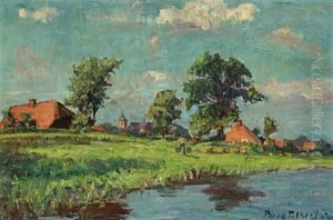 Frisian Landscape With Houses, Autumn by Poppe Folkerts