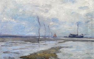 Wattlandschaft Mit Plattbodenschiff Und Fischerkate by Poppe Folkerts