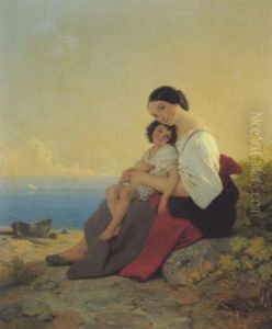 Eine Fischerfrau Mit Kind An Der Italienischen Kuste by Philipp von Foltz