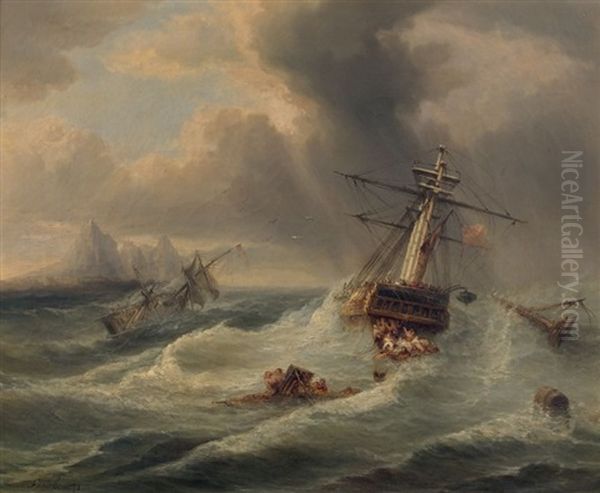 Scene De Naufrage Dans La Tempete, Deux Trois-mats En Perdition, Une Chaloupe A La Mer, En Arriere Plan, Une Ile Montagneuse, Au Pied On Distingue Une Ville Fortifiee - view 1