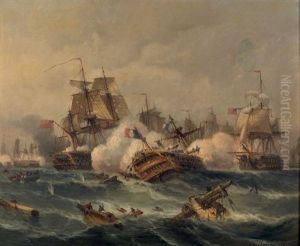 Bataille Navale Vers 1798/1802, Marine Francaise Contre Marine Britannique, On Distingue Onze Trois-mats Dont Un Au Premier Plan A Moitie Coule by Andre Foneche
